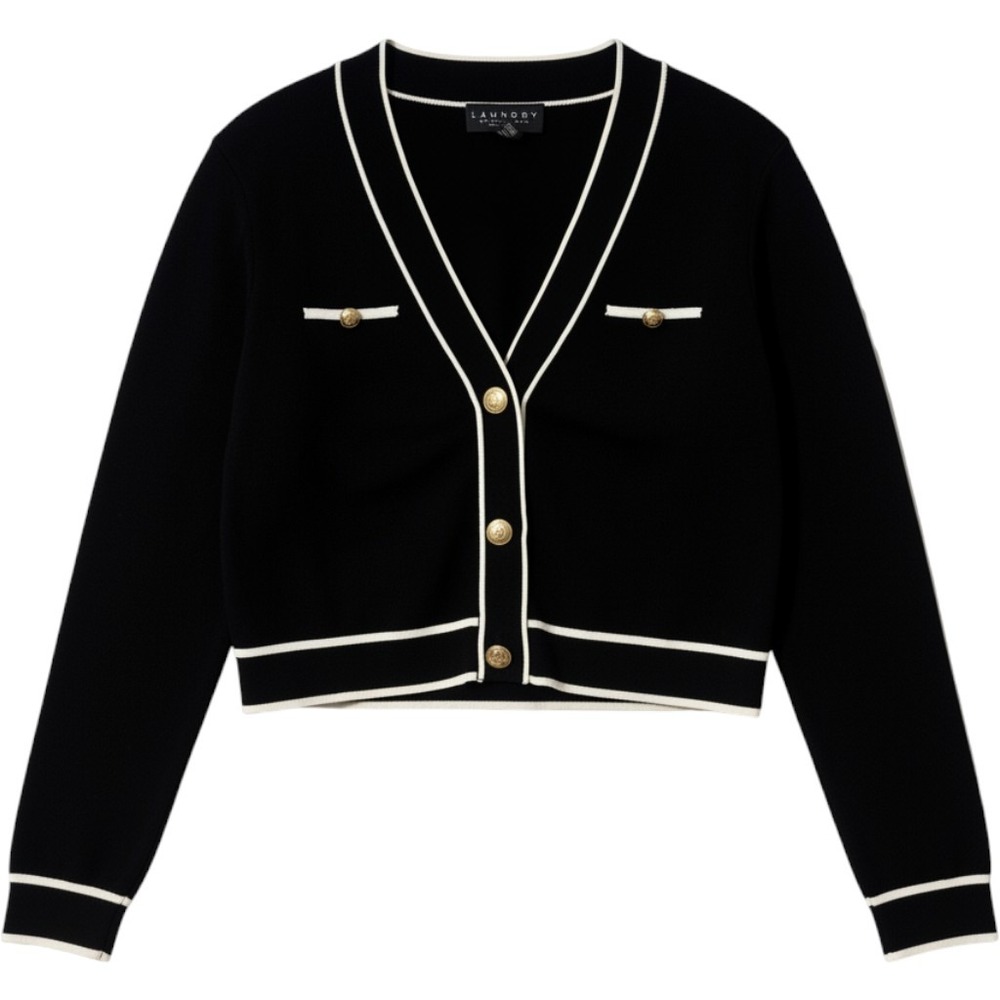 Laundry by Shelli Segal Black White Contrast Trim Cardigan Gold Button Sweater L